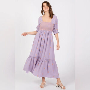 Lavender gauze smocked embroidered square neck midi peasant maternity babydoll